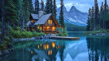 Obraz premium serene log cabin by tranquil lake, surrounded by tall pine trees and majestic mountains. evening light reflects beautifully on water, creating peaceful atmosphere