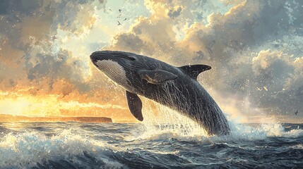 Fototapeta premium False killer whale breaches the ocean surface at sunset
