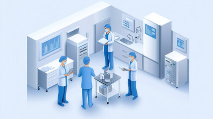 Medical professionals in modern healthcare setting, collaborating on patient care and data analysis. scene showcases teamwork and advanced medical technology