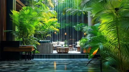 Luxury Hotel Lobby with Tropical Plants and Soothing Water Feature
