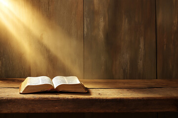 open bible on a wooden table