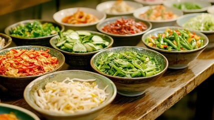 A colorful display of fresh vegetables and toppings arranged in bowls, perfect for enhancing meals with vibrant flavors and textures.