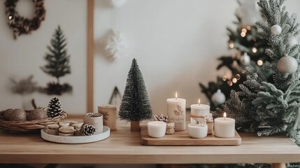 Christmas Decor with Lit Candles and Small Pine Tree on Wooden Table