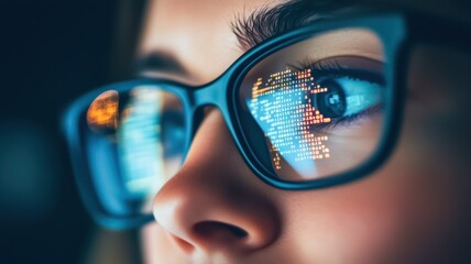 A close-up of a woman eye wearing glasses, reflecting colorful digital data, symbolizing technology, focus, and innovation.