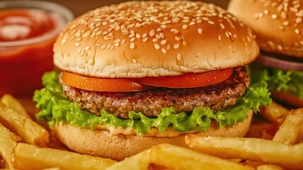 A delicious hamburger with fresh lettuce, tomato, and a sesame seed bun, served with crispy fries and ketchup on the side.