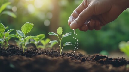 Fototapeta premium Nurturing New Life: A Hand Gently Watering Young Plants