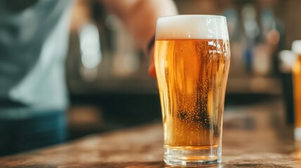 A refreshing glass of golden beer with frothy foam head, set on a rustic wooden table, capturing a moment in a lively bar atmosphere.