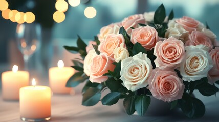 A soft bouquet of pink and white roses surrounded by flickering candles, creating a romantic ambiance with warm bokeh lights in the background.
