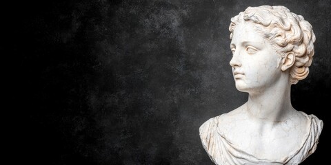 A classic marble bust of a woman, showcasing intricate hairstyle and details, set against a dark textured background.