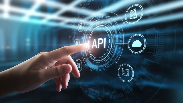 API interface, Application programming interface, Businessmen Interacting with a Futuristic API Interface, business technology, API integration