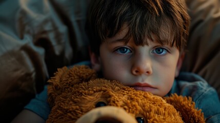 Child in living room with teddy bear facing family crisis, dealing with stress, anxiety, and emotional challenges amid parental conflict