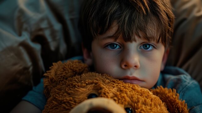 Child in living room with teddy bear facing family crisis, dealing with stress, anxiety, and emotional challenges amid parental conflict