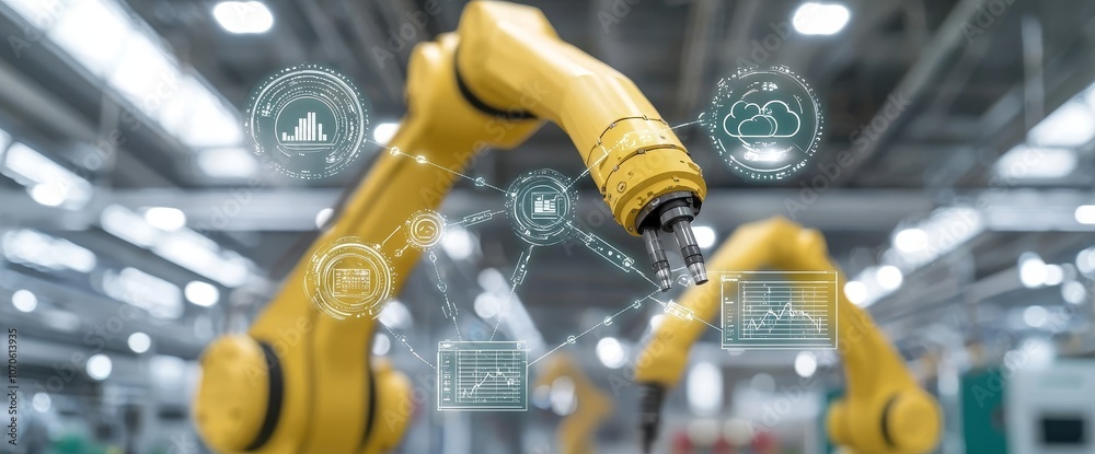 Aufkleber The image shows a highly automated robot arm in a smart factory industrial setting, an example of Industry 4.0 technology.