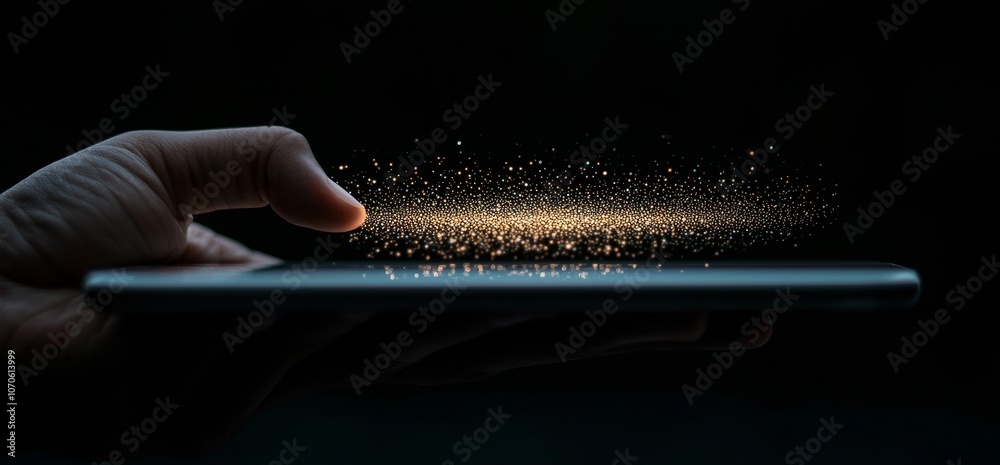 Poster Hand-touching telecommunication network and wireless mobile internet technology of global business, fintech, and blockchain via 5G LTE data connection.
