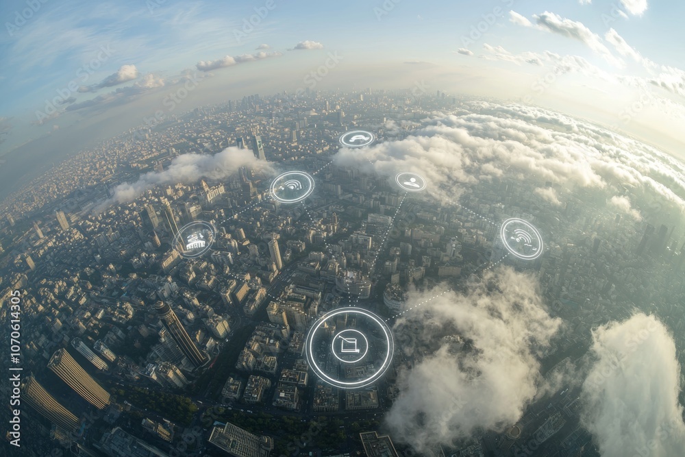 Poster a smart city concept with wireless communication in a business district. concept of iot modern techn