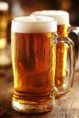 Two frosty beer mugs filled with golden beer sit on a  wooden table in a pub. The warm ambient lighting create a relaxed, inviting atmosphere. perfect for social moments of leisure with friends.