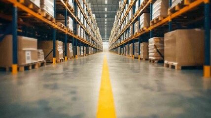 Fototapeta premium A vast warehouse filled with shelves of stacked boxes, illuminated by bright lights, with an empty aisle leading straight down the center.