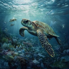 Fototapeta premium Sea Turtle Swimming Through Ocean Plastic Pollution