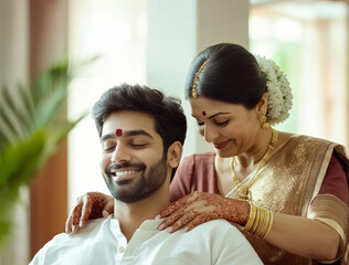 Fototapeta premium Indian woman massages the shoulders of her husband, who enjoys happily sitting at home