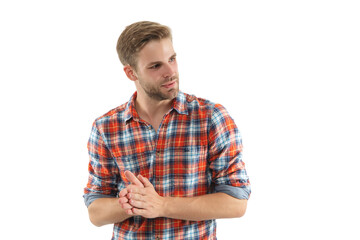 Millennial man wearing checkered shirt. Casual style of millennial man. Casual chic. Portrait of man in casual style shirt. Stylish portrait of unshaven guy. Handsome young man isolated on white