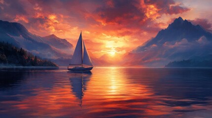 Sailboat on a Mountain Lake at Sunset
