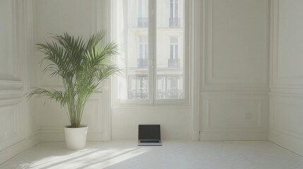 Minimalist Workspace with Laptop and Plant