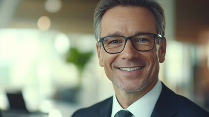 Fototapeta premium A man wearing glasses and a suit is smiling
