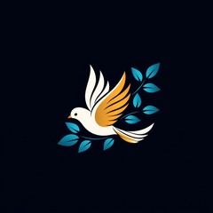 Minimalist illustration of a white and orange bird in flight, carrying teal leaves, symbolizing peace, freedom, and nature on a dark background.