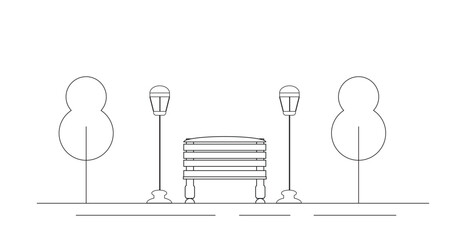 Park Zone with Bench Trees and Lanterns Line Art. Urban scenes and city infrastructure objects vector art