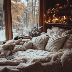 Cozy Winter Cabin Bed Snowy Landscape View Knitted Throws Christmas Lights