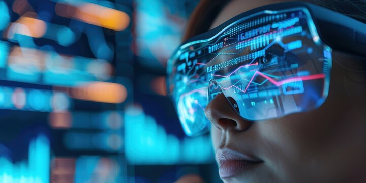 Digital transformation and cybersecurity concepts featuring a woman with virtual reality glasses, holograms, and hacker imagery, along with charts and online code visualization