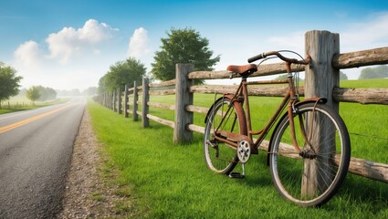 Obraz premium Serene Countryside Bicycle by Worn Fence