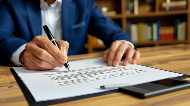 Close up of a businessman signing contract at the table. Business man sign document. Mortgage or investment professional agreement