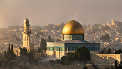Obraz premium Dome of the rock at dawn the dome of the rock bathed in the soft morning light, Ai generated