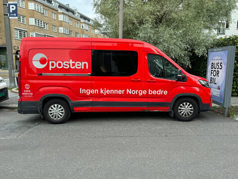 Oslo, Norway - August 8, 2024: Red Norwegian Posten postal and freight delevery van.