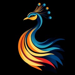 Fototapeta premium Stylized peacock illustration with vibrant flowing feathers, symbolizing beauty, pride, and elegance. The colorful design on a dark background captures the regal and exotic nature of the bird.
