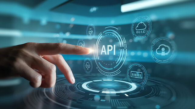 API interface, Application programming interface, Businessmen Interacting with a Futuristic API Interface, business technology, API integration