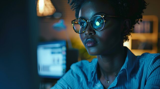 Person reviewing financial information and investment data at night, analyzing stocks and cryptocurrency, including NFTs and ecommerce feedback