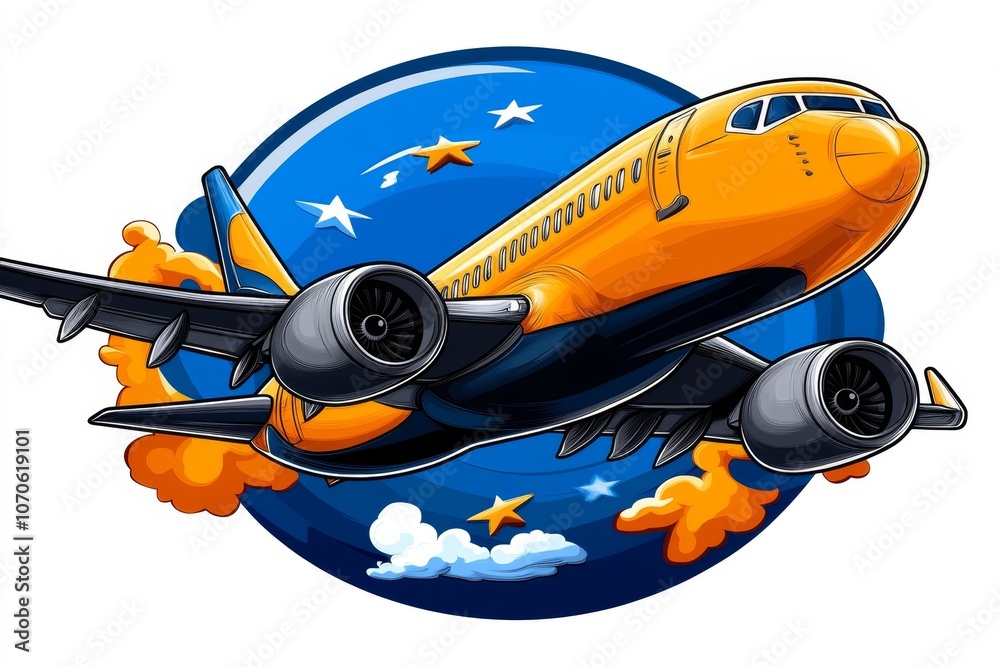 Poster a 2d illustration of a passenger airplane with simple colors and clean lines, on a plain white backg