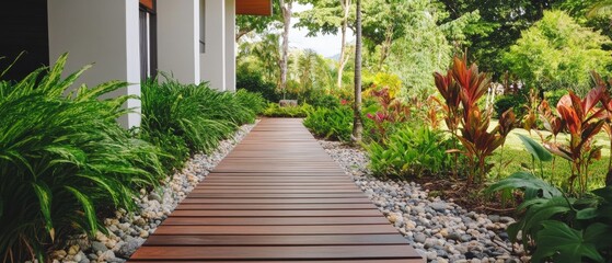 Fototapeta premium Garden wooden path. Modern garden path way made from hardwood designed with lush greenery, flowers. Wood decking. Backyard pathway walk. Garden lounge. Footpath. Woodland shade. Cottagecore. Outdoor