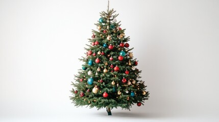 A fully decorated Christmas tree with red and gold ornaments, lights, and a star topper, set against a simple, neutral background.