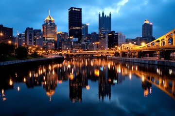 Naklejka premium A cityscape at dusk with realistic lights reflecting on the river, creating a calm urban scene