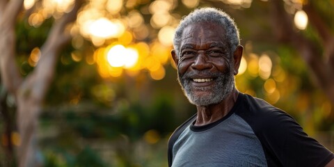 Obraz premium Active Lifestyle and Wellbeing of a Senior Man Enjoying Outdoor Exercise, Smiling and Staying Fit in Nature on a Summer Day