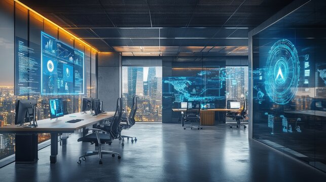 Corporate office space where AI-powered software handles all administrative tasks, holographic dashboards displaying real-time data analytics and performance metrics