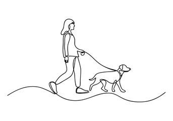 Continuous Line Art of Girl Walking with a Dog – Minimalist Pet and Friendship Illustration