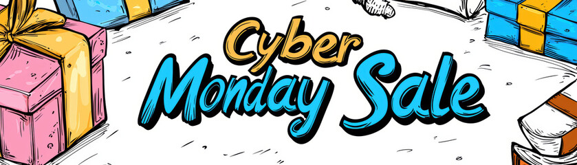 Exciting Cyber Monday Sale with colorful gift boxes and festive decorations! Perfect for holiday shopping and promotions. Dont miss out on great deals!