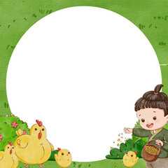 Fototapeta premium Frame of a boy feeding chickens.