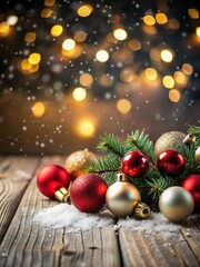 Obraz premium xmas rustic background with christmas tree and decorations, balls, fir branches and garland, New Year modern decorations background