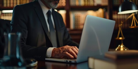 Professional individual in an office setting using a laptop for legal research, communication, or policy review