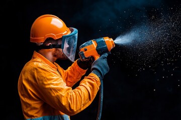 Fototapeta premium A construction worker using a jackhammer to break concrete, with dust and debris flying in the air